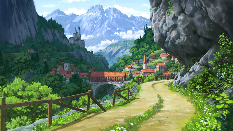 Village in Mountain Valley — Green, Serene, Afternoon, Digital Art, Castle