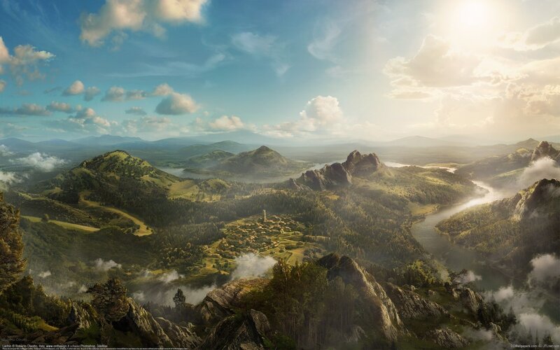 Village in Mountain Valley — Green, Serene, Afternoon, Digital Art
