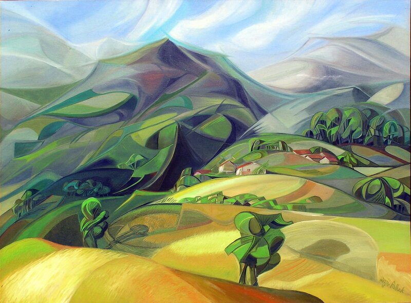 Village in Mountain Valley — Green, Serene, Afternoon, Painting, Mountains, Trees