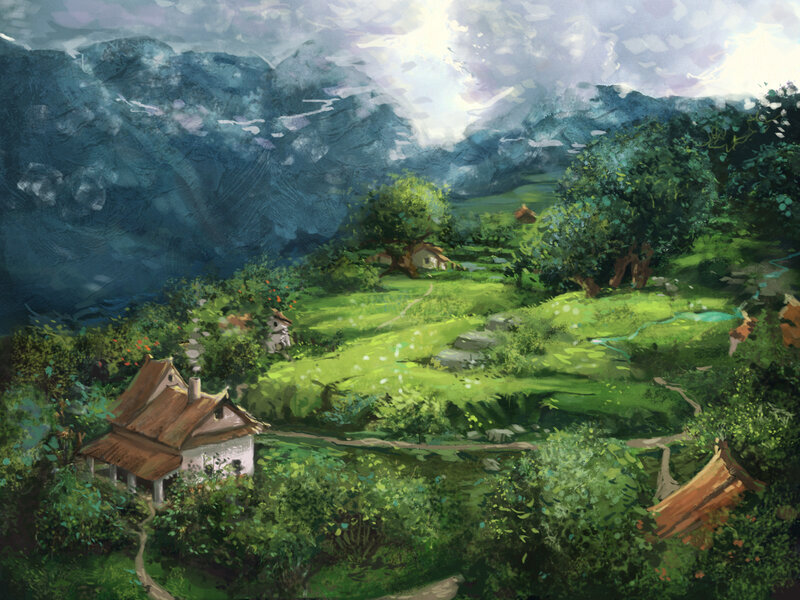 Village in Mountain Valley — Green, Serene, Afternoon, Painting