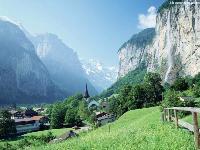 Village in Mountain Valley — Green, Serene, Afternoon, Photograph, Church Steeple, Waterfall