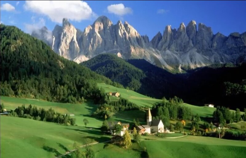 Village in Mountain Valley — Green, Serene, Afternoon, Photograph, Mountains, Church, Green Hills