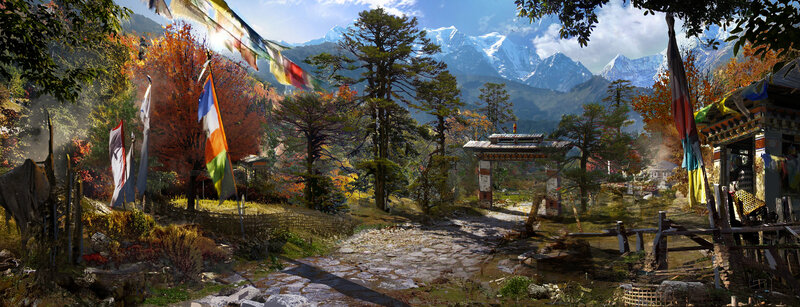 Village in Mountain Valley — Green, Serene, Autumn, Digital Art