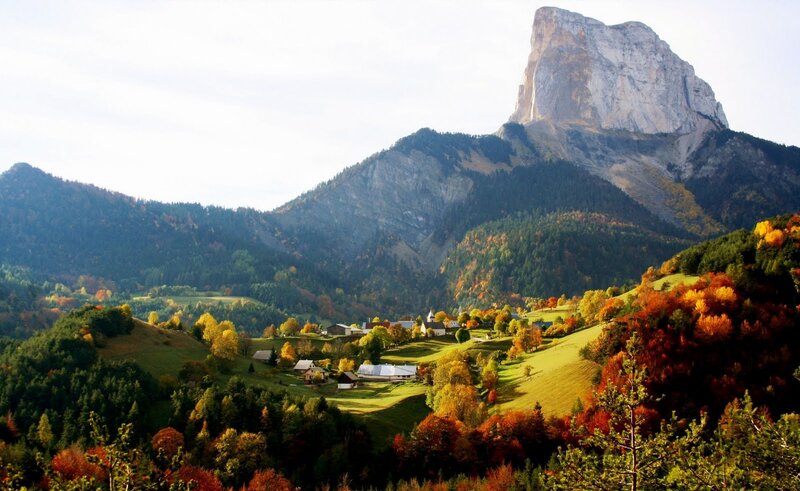 Village in Mountain Valley — Green, Serene, Autumn, Photograph, Forest