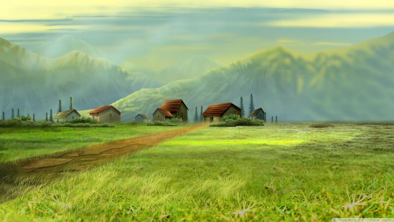 Village in Mountain Valley — Green, Serene, Morning, Digital Art, Mountains, Huts, Path