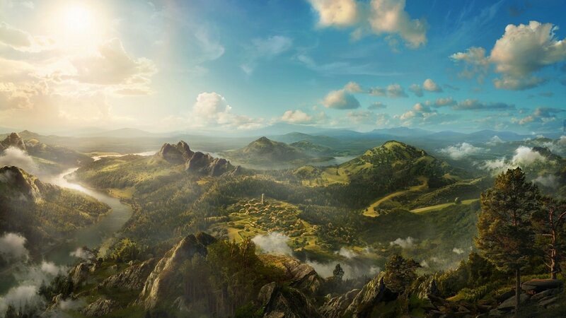 Village in Mountain Valley — Green, Serene, Morning, Digital Art, River