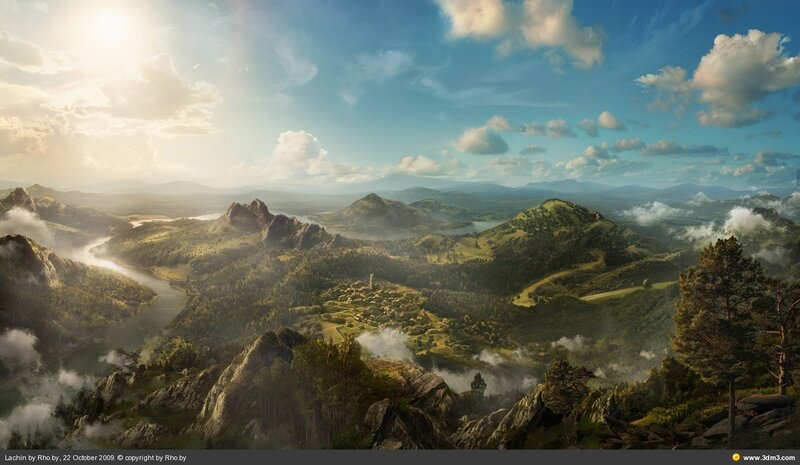 Village in Mountain Valley — Green, Serene, Morning, Digital Art
