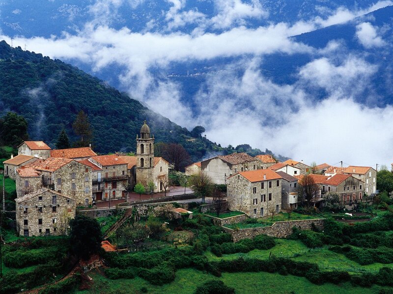 Village in Mountain Valley — Green, Serene, Photograph