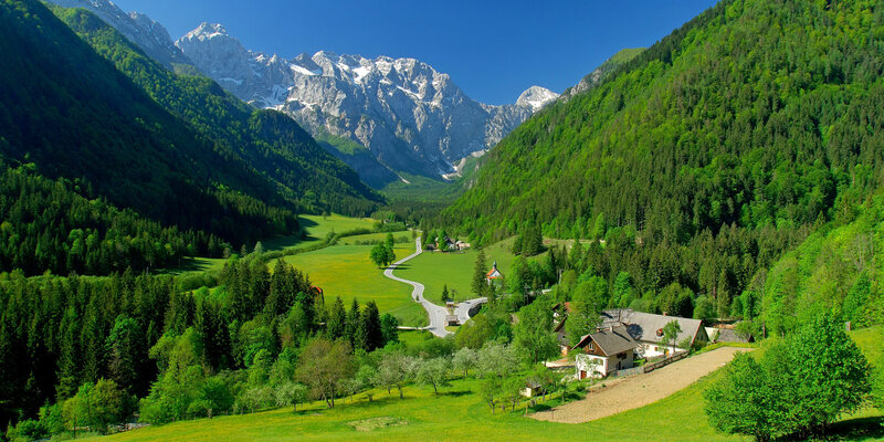 Village in Mountain Valley — Green, Serene, Summer, Photograph, Mountains, Forest