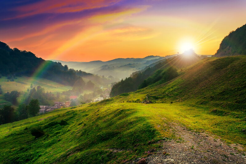 Village in Mountain Valley — Green, Serene, Sunrise, Photograph, Rainbow