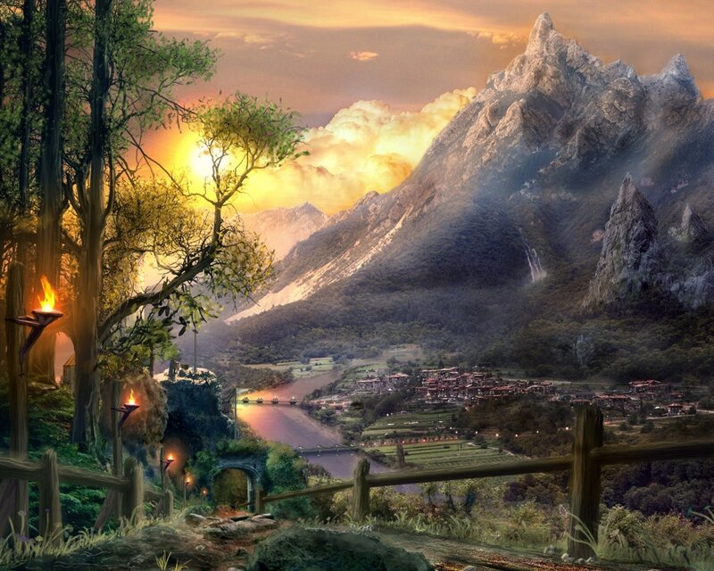 Village in Mountain Valley — Green, Serene, Sunset, Digital Art, Mountains