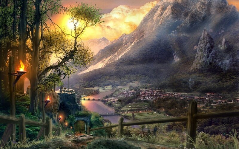 Village in Mountain Valley — Green, Serene, Sunset