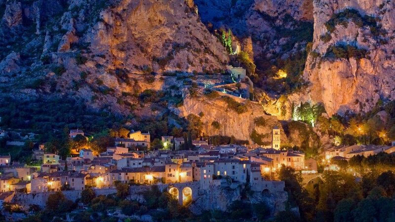 Village in Mountain Valley — Orange, Dramatic, Night