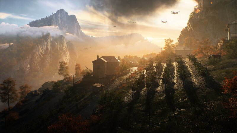 Village in Mountain Valley — Orange, Dramatic, Sunset, 3d Render