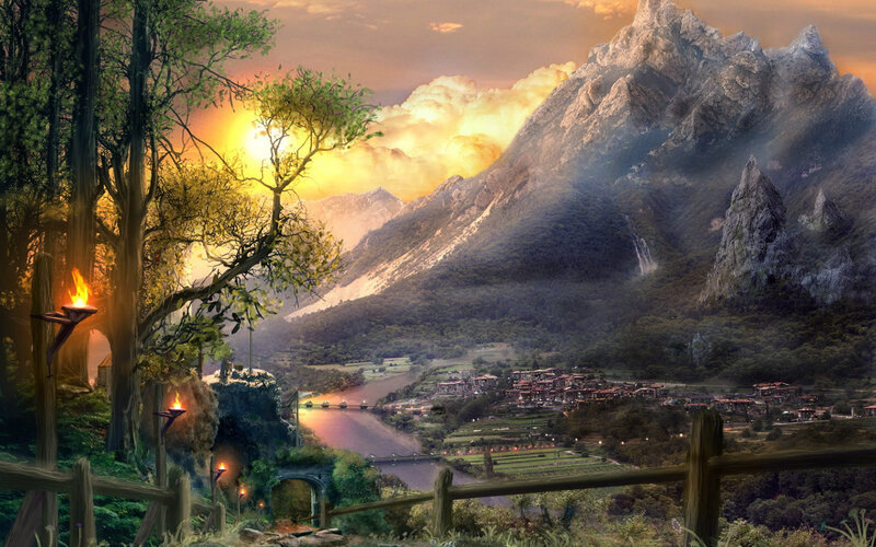 Village in Mountain Valley — Orange, Dramatic, Sunset, Digital Art, Mountains, River