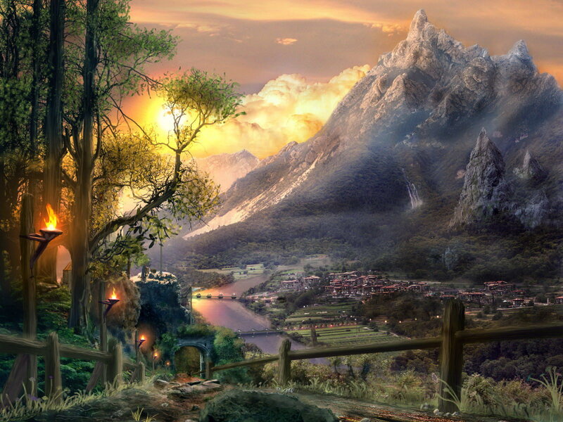Village in Mountain Valley — Orange, Dramatic, Sunset, Digital Art