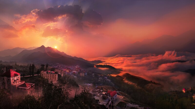 Village in Mountain Valley — Orange, Dramatic, Sunset