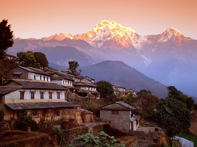 Village in Mountain Valley — Orange, Serene, Sunrise, Photograph