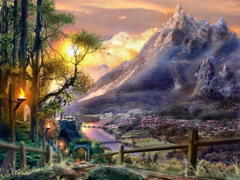 Village in Mountain Valley — Orange, Serene, Sunset