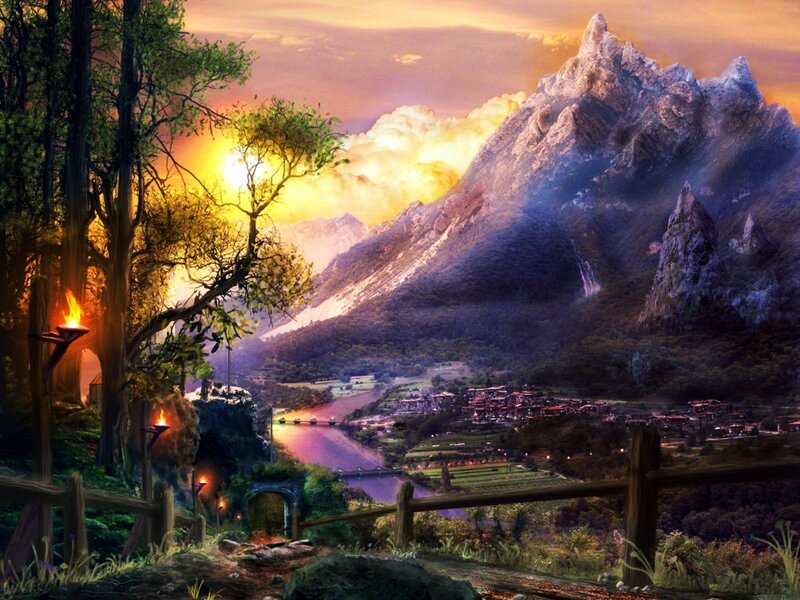 Village in Mountain Valley — Purple, Dramatic
