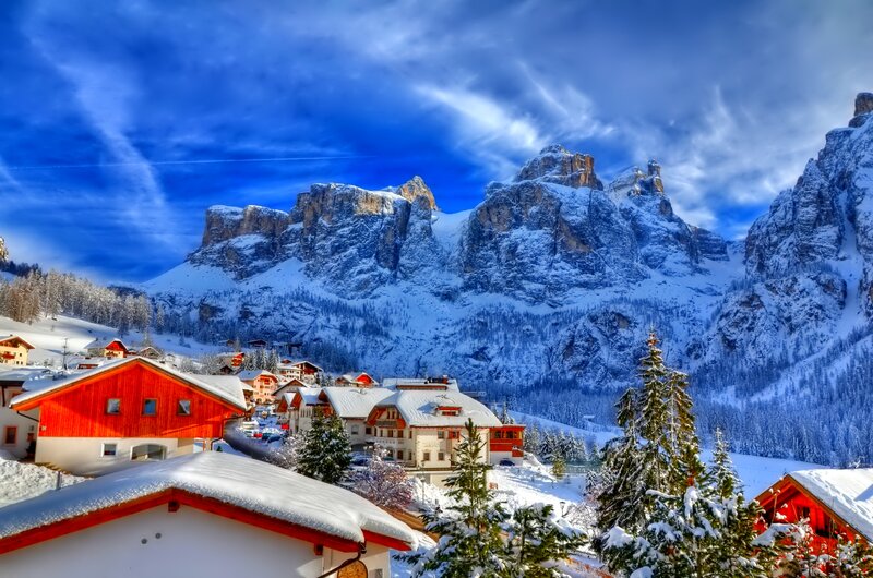 Village in Snowy Mountains — Blue, Dramatic