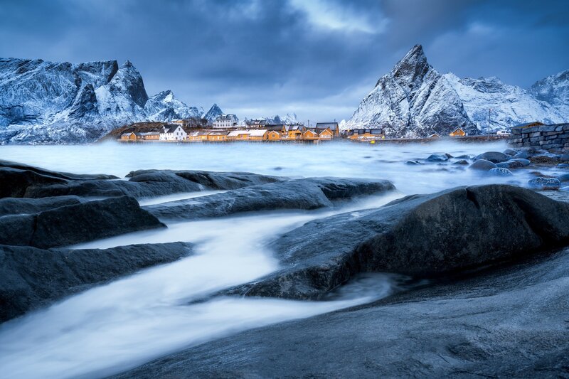 Village in Snowy Mountains — Blue, Dramatic, Winter, Photograph
