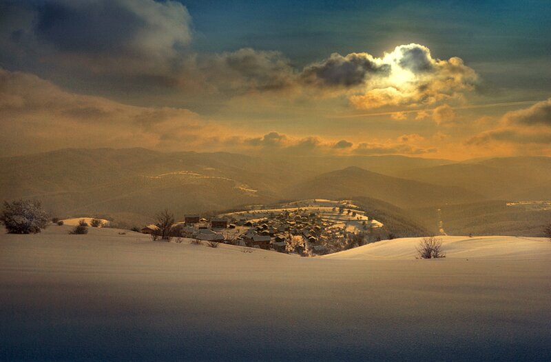 Village in Snowy Mountains — Blue, Dramatic, Winter