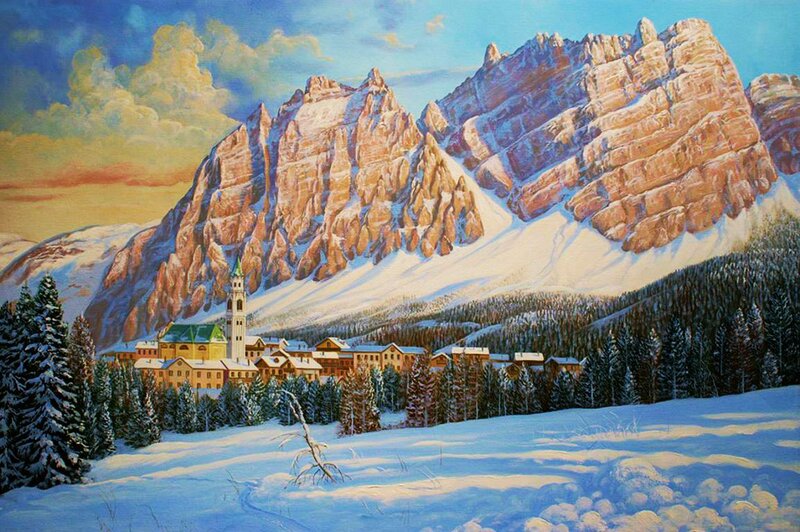 Village in Snowy Mountains — Blue