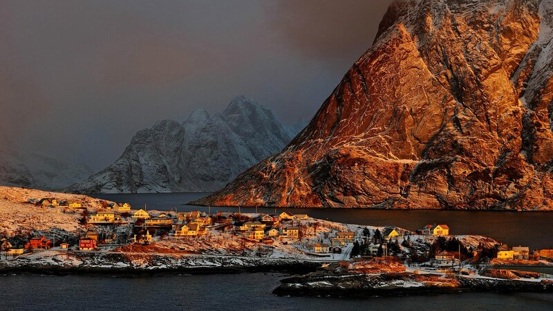 Village in Snowy Mountains — Brown, Dramatic