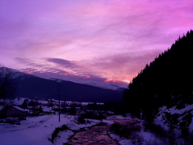Village in Snowy Mountains — Purple