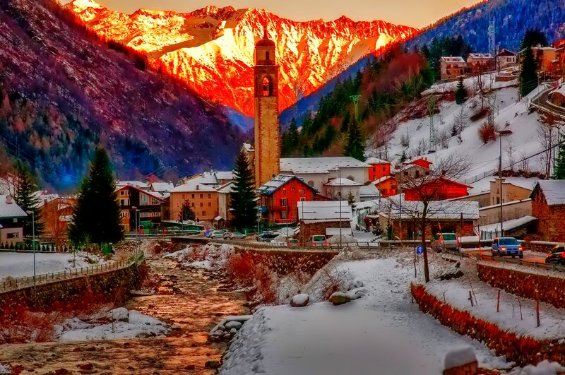 Village in Snowy Mountains — Red
