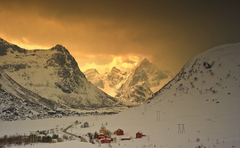 Village in Snowy Mountains — White, Dramatic, Sunset