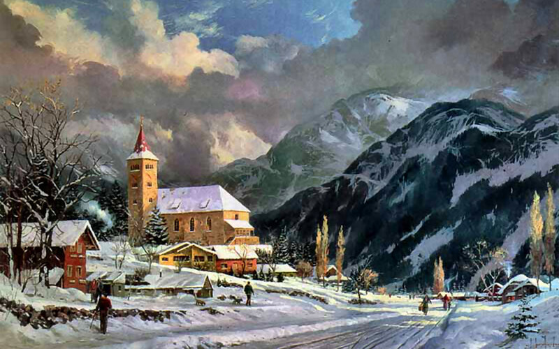 Village in Snowy Mountains — White, Dramatic