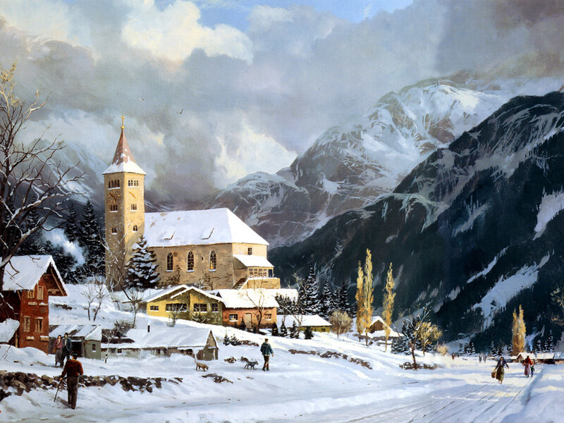 Village in Snowy Mountains — White, Serene