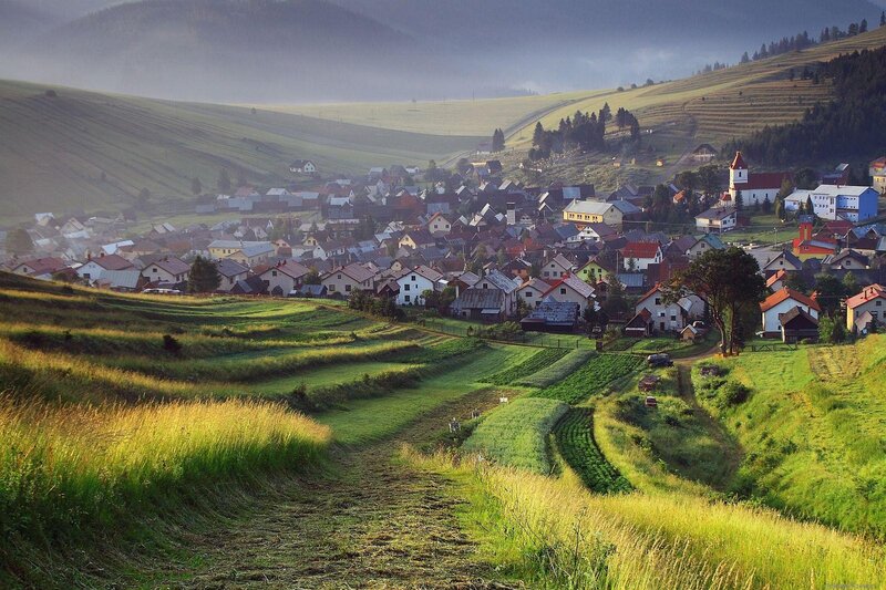 Village in the hills at sunrise