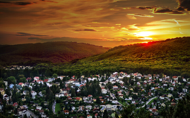 Village in Valley at Sunset — Orange