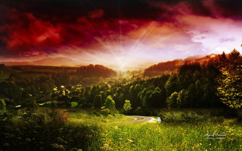 Village in Valley at Sunset — Red