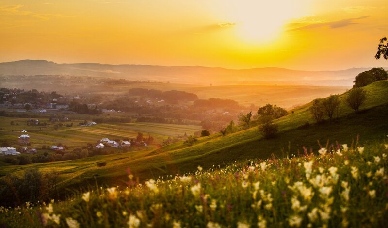 Village in Valley at Sunset — Yellow