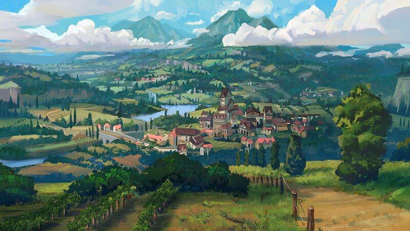 Village in Valley — Green, Serene, Afternoon, Digital Art, Mountains