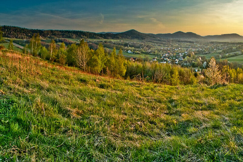 Village in Valley — Green, Serene, Sunset