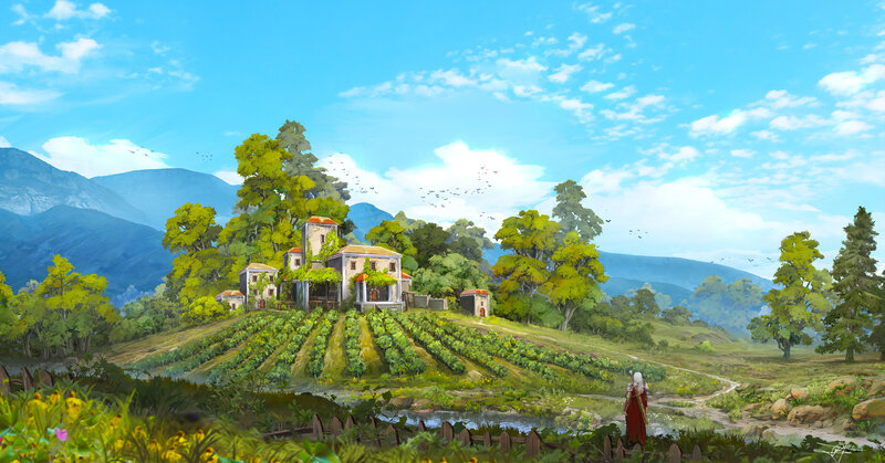 Village in Vineyard — Blue