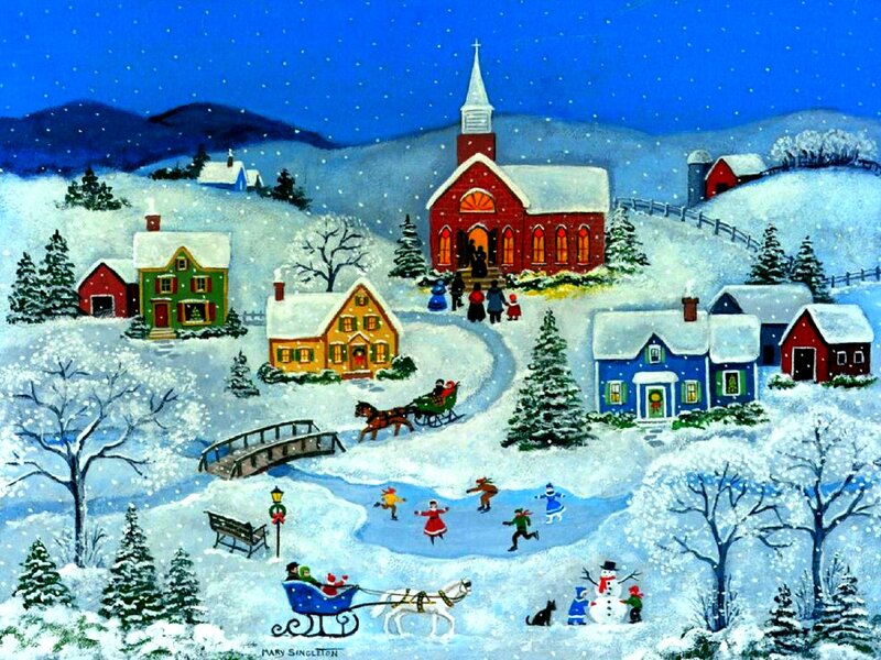 Village in Winter — Blue, Festive, Illustration