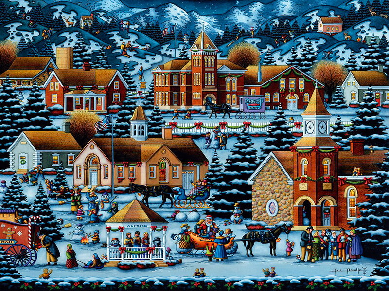 Village in Winter — Blue, Festive