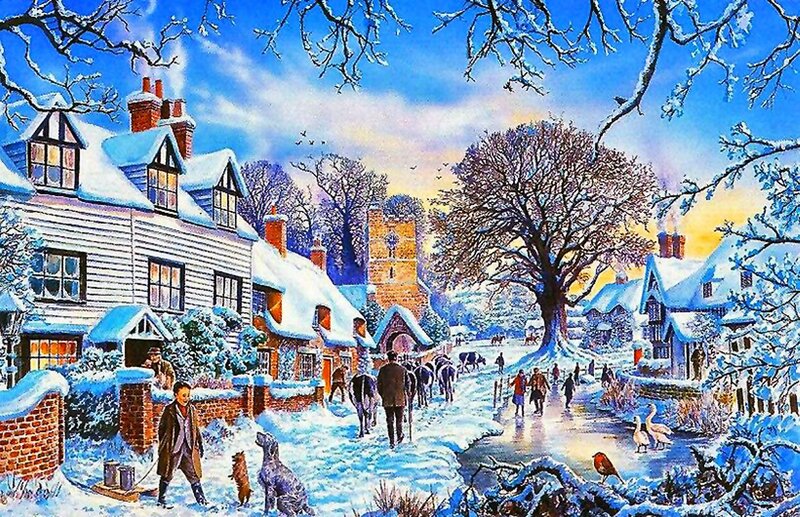 Village in Winter — Blue, Peaceful, Illustration, Houses