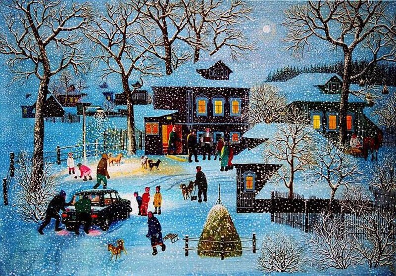 Village in Winter — Blue, Peaceful, Illustration
