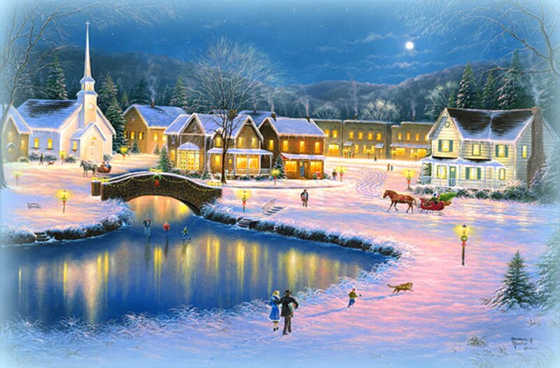 Village in Winter — Blue, Peaceful, Night