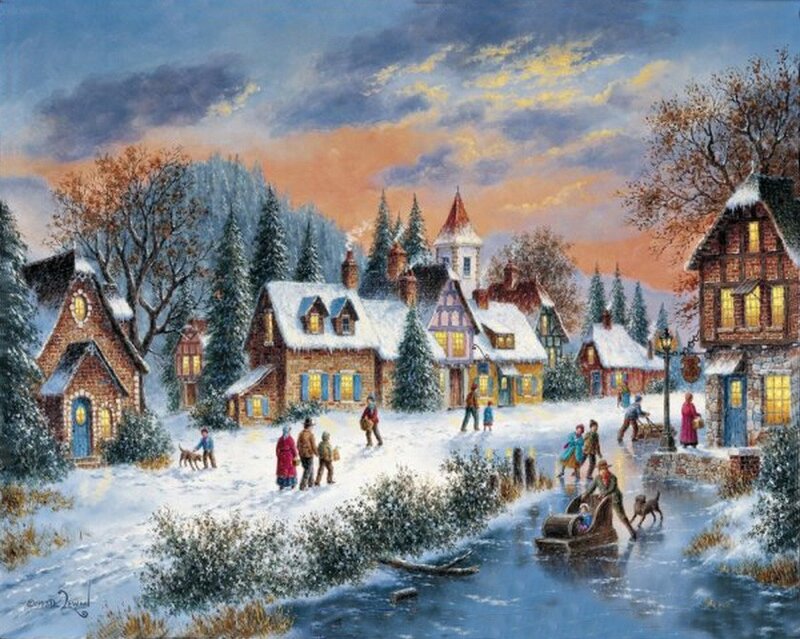 Village in Winter — Blue, Peaceful