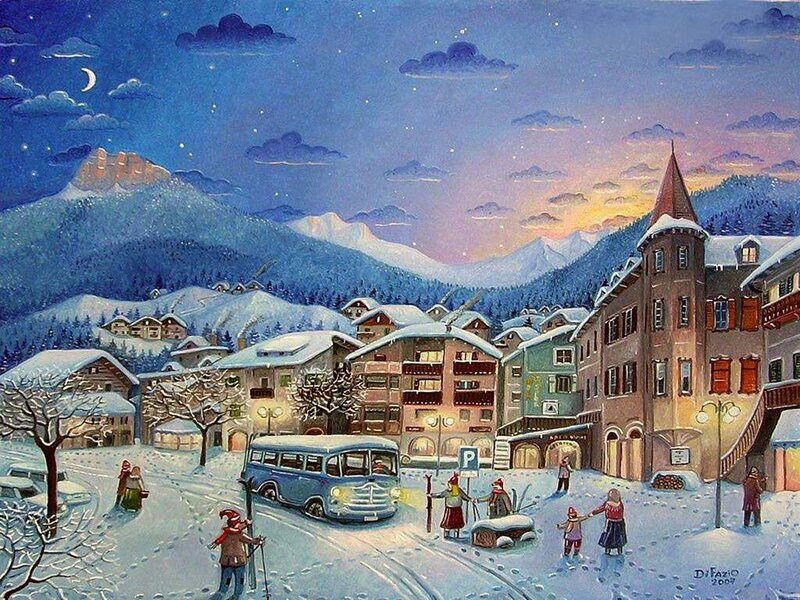 Village in Winter — Blue, Serene, Night