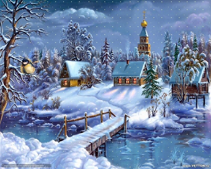 Village in Winter — Blue, Serene, Painting