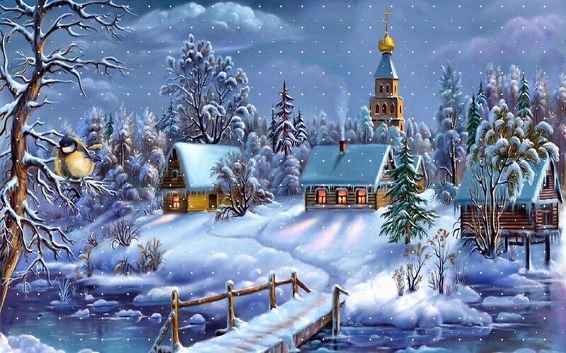 Village in Winter — Blue, Serene